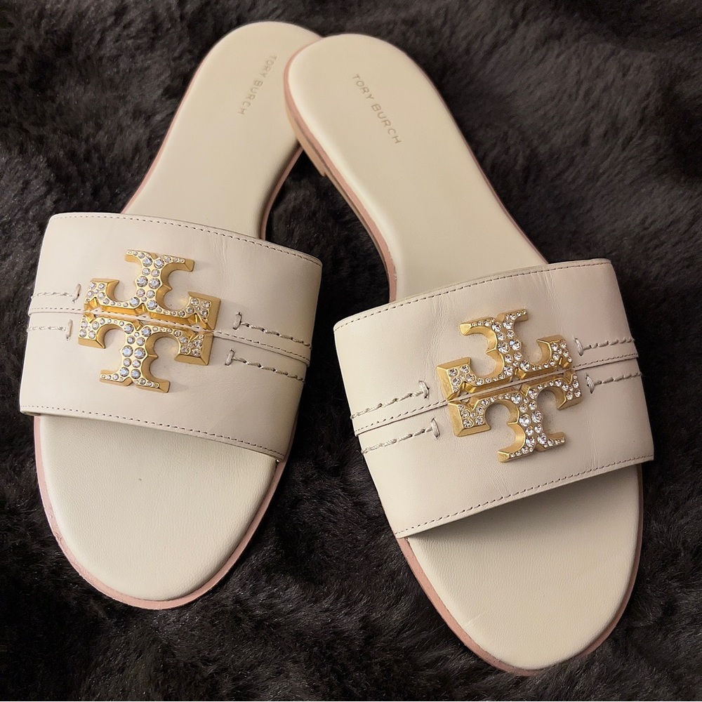 TORY BURCH Everly Slide Sandal Calf Leather Crystal Logo Dulce De Leche Size 10